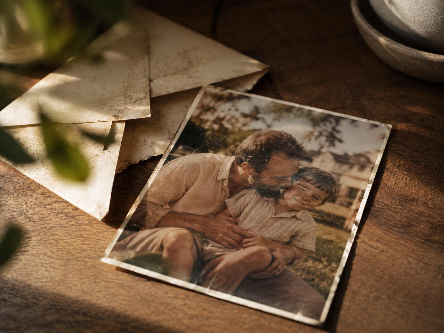 An old family photograph of a father and son